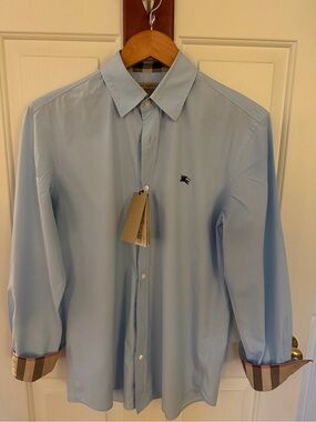Burberry Men's Small Button Down Dress Shirt Pale Blue Color w Tags Authentic
